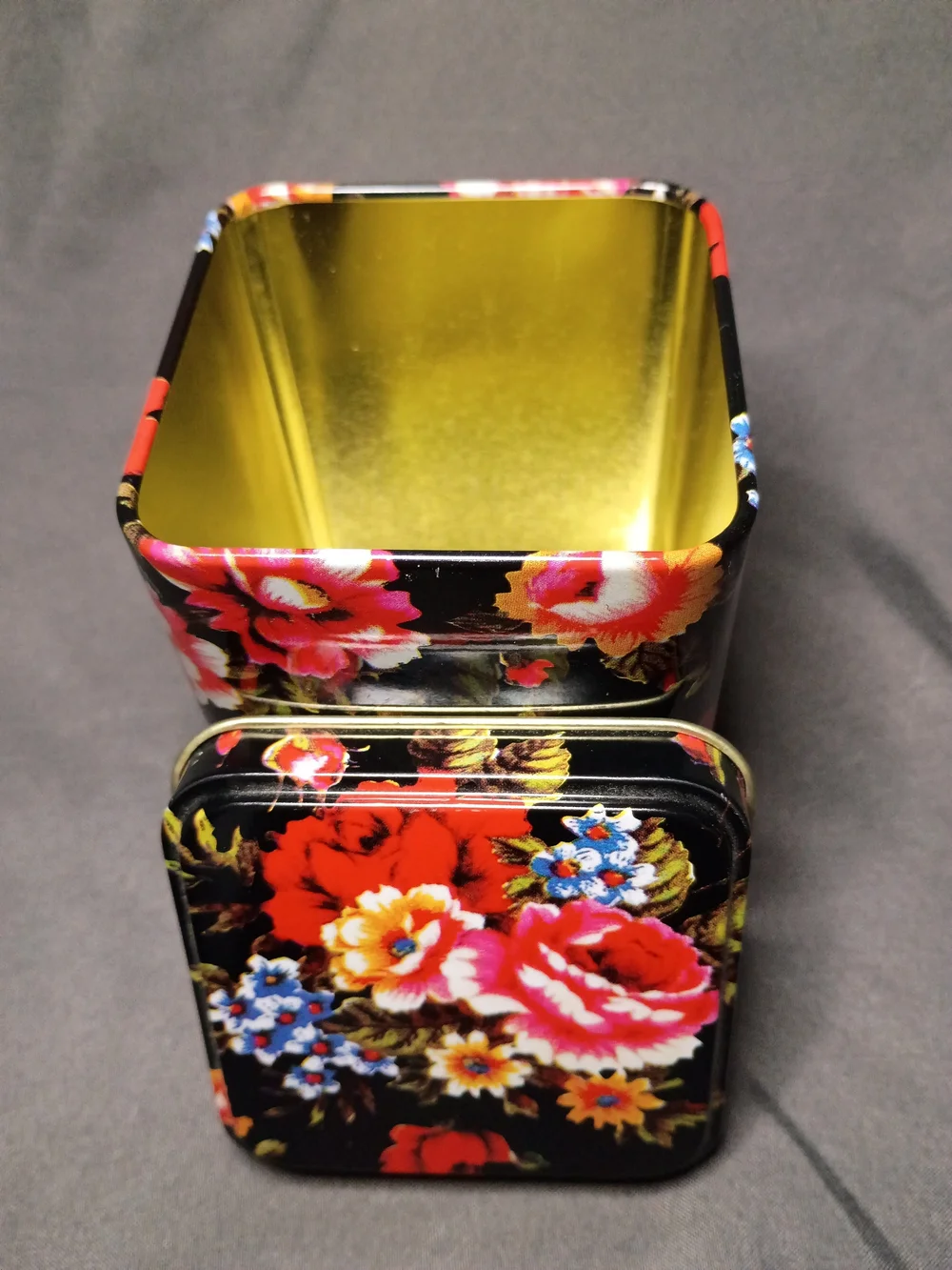 Floral Pattern Metal Storage Tin - Black with Red & Multicolor Flowers